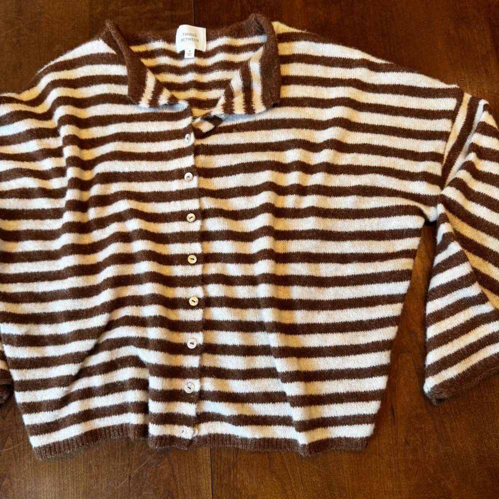 Things Between Cardigan Womens S Brown Striped Button Collared Knit Sweater